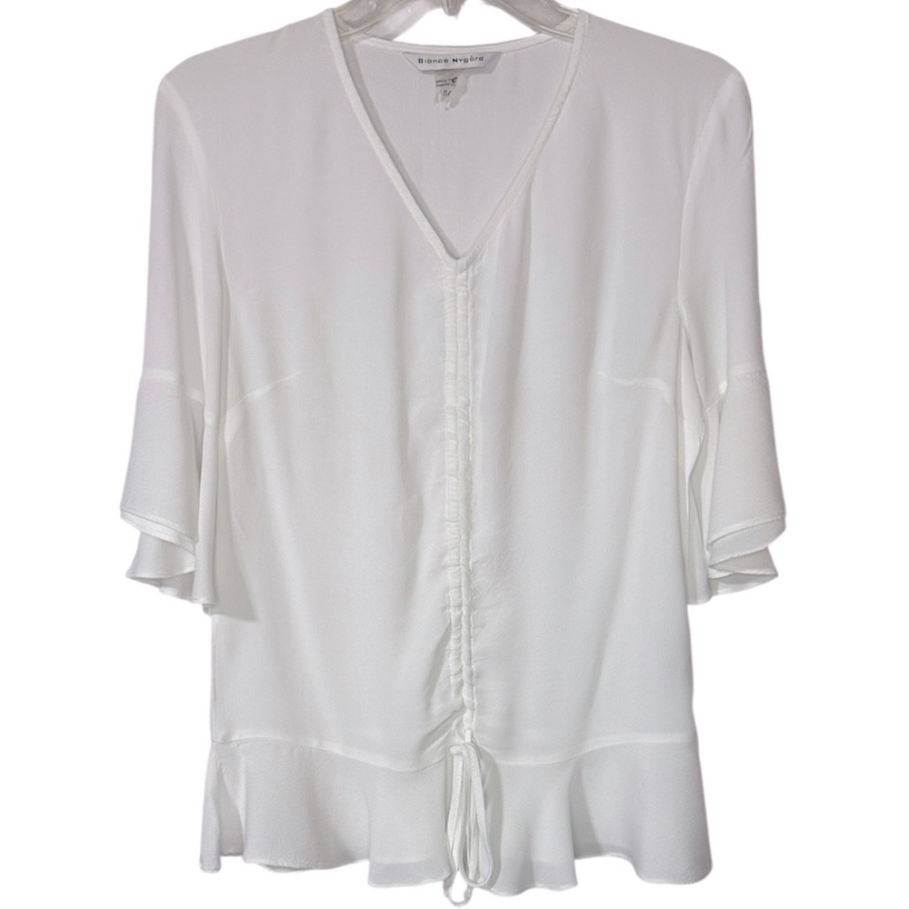 White V-Neck Blouse with Ruffle Sleeves